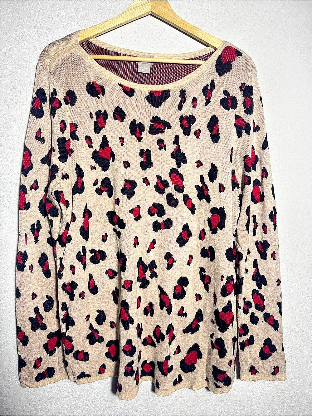 Chico's Leopard Print Knit Sweater Beige Black Pink Animal Print Size 3 XL